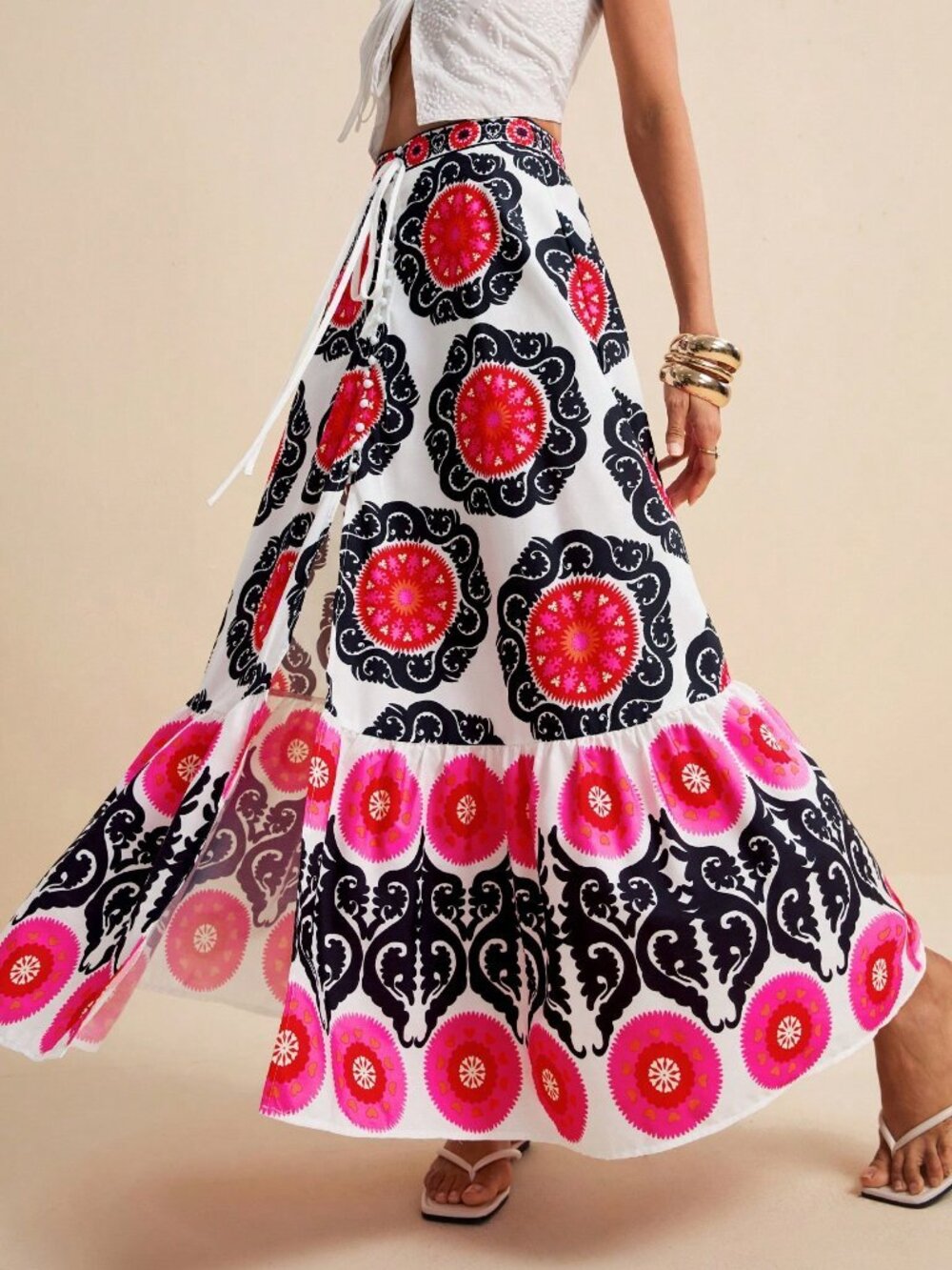 Multicolor Boho Women's Floral Print  Twist Waist and High Slit Maxi Skirt